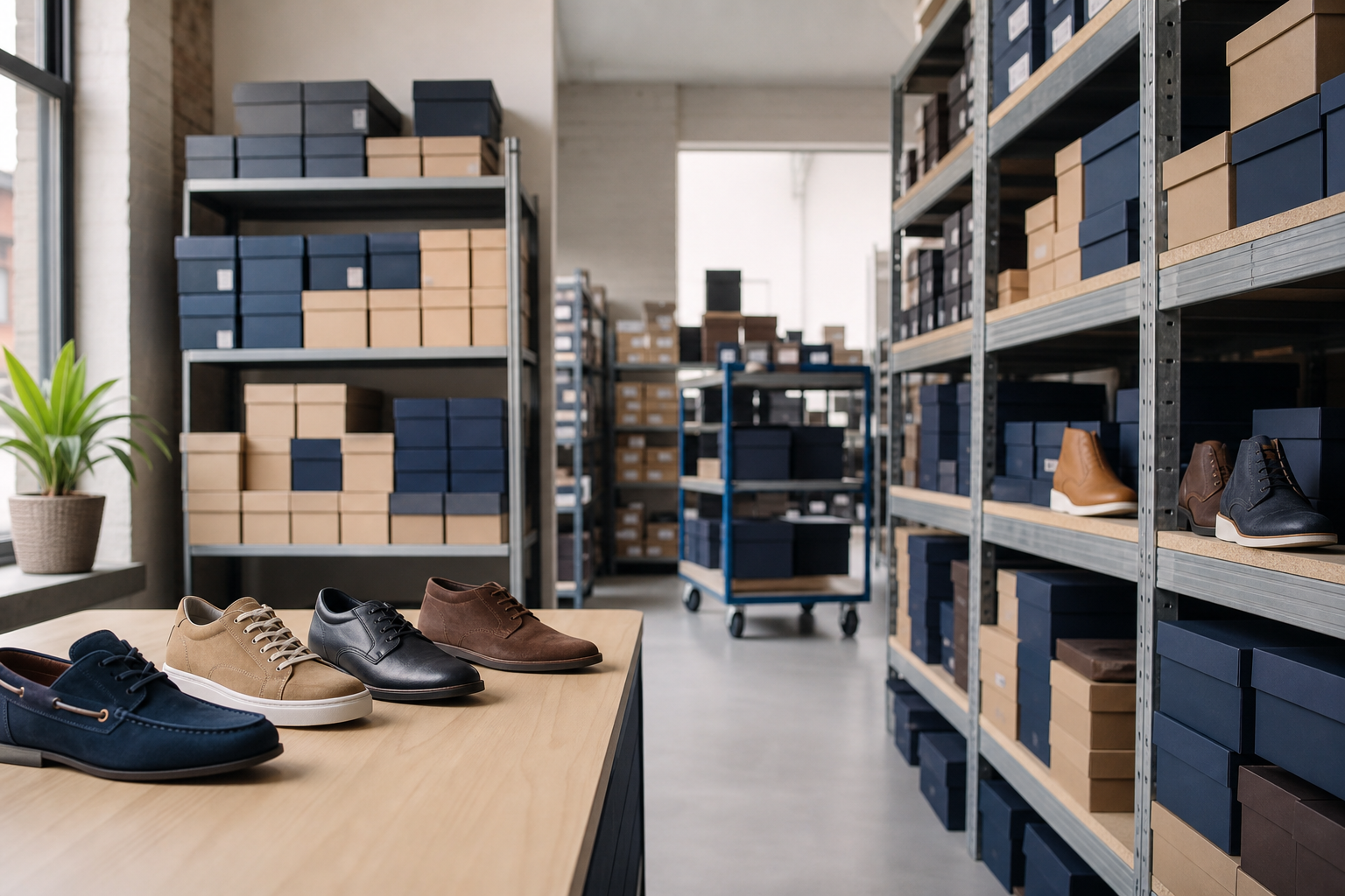 Organized footwear stockroom with shelved shoe boxes and product samples
