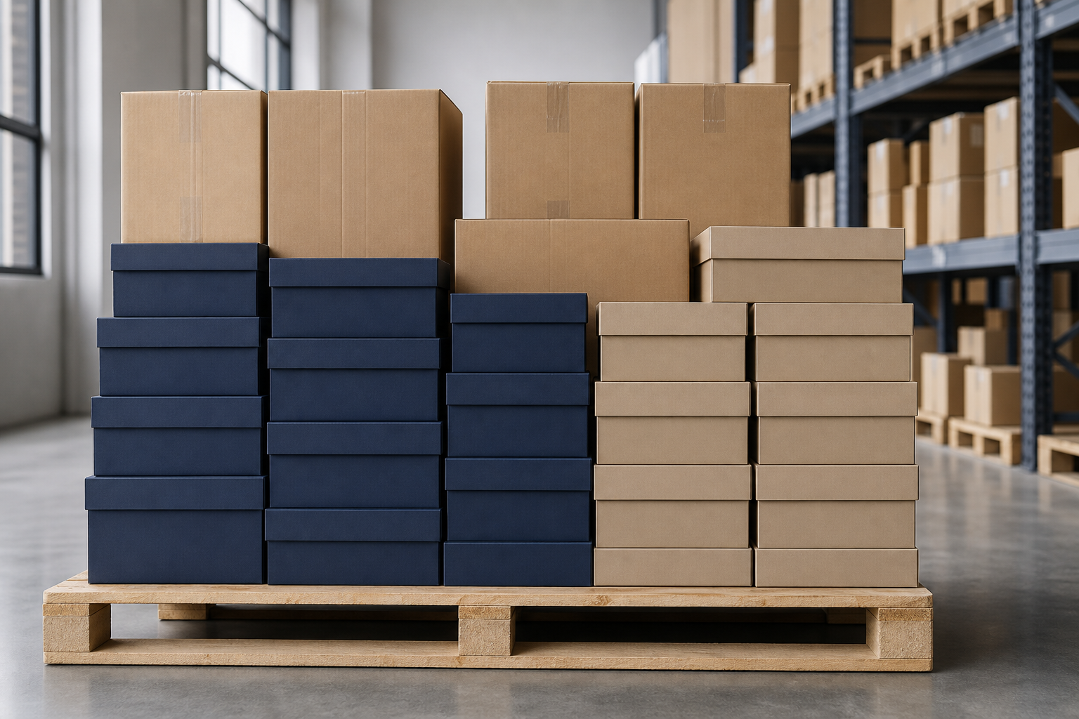 Stacked wholesale shoe boxes on a pallet in a warehouse