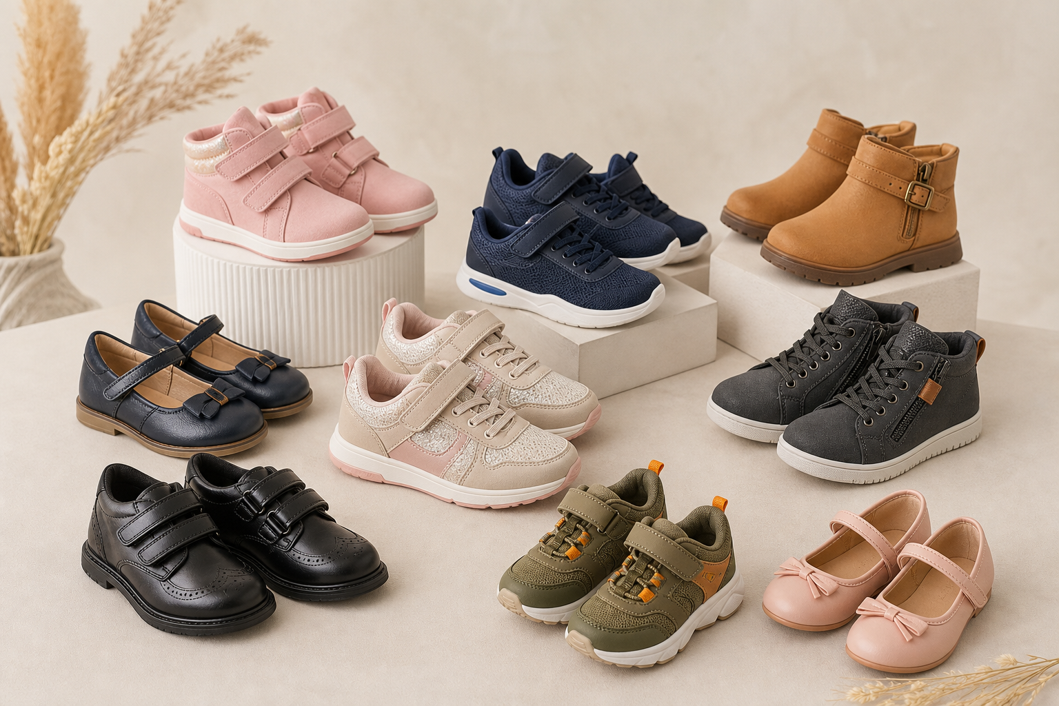 Range of children's trainers, school shoes, and boots