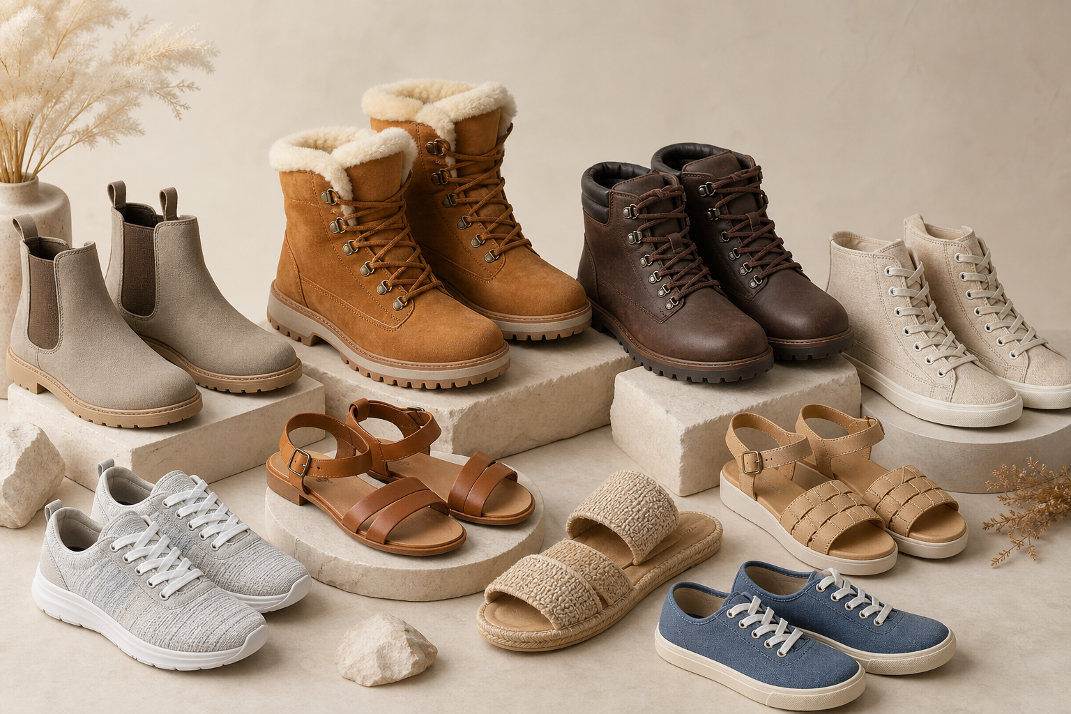 Mix of winter boots and summer sandals for seasonal supply
